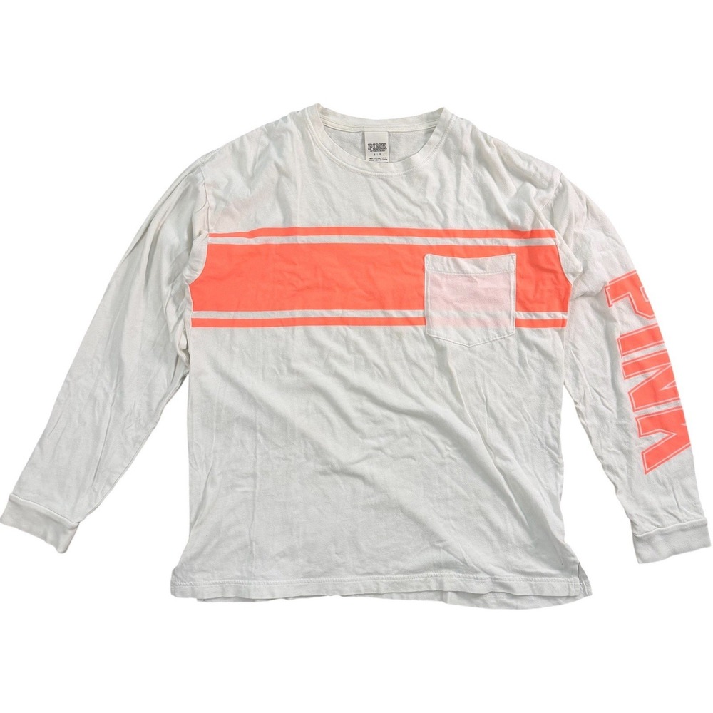 PINK Victoria's Secret Long Sleeve Shirt Women‎ Small White Coral Stripe Pocket